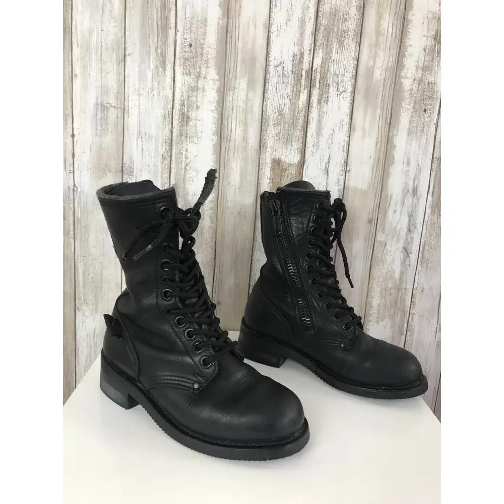 VINTAGE Harley Davidson Black Leather Combat Boots Lace Zip Up 5 Oil Resistant